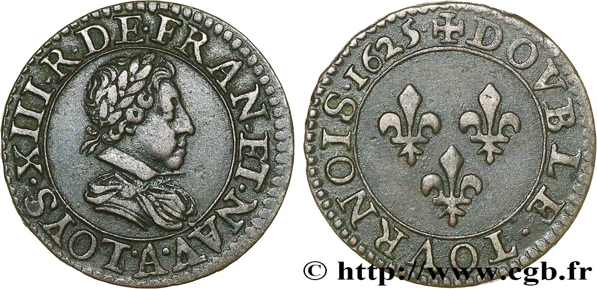 LOUIS XIII  Double tournois, type 2 de Paris 1625 Paris AU