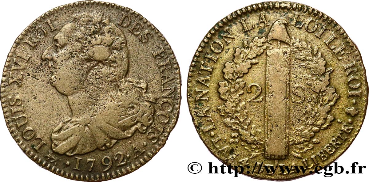 LOUIS XVI 2 sols dit  au faisceau , type FRANÇOIS 1792 Paris MBC/BC+