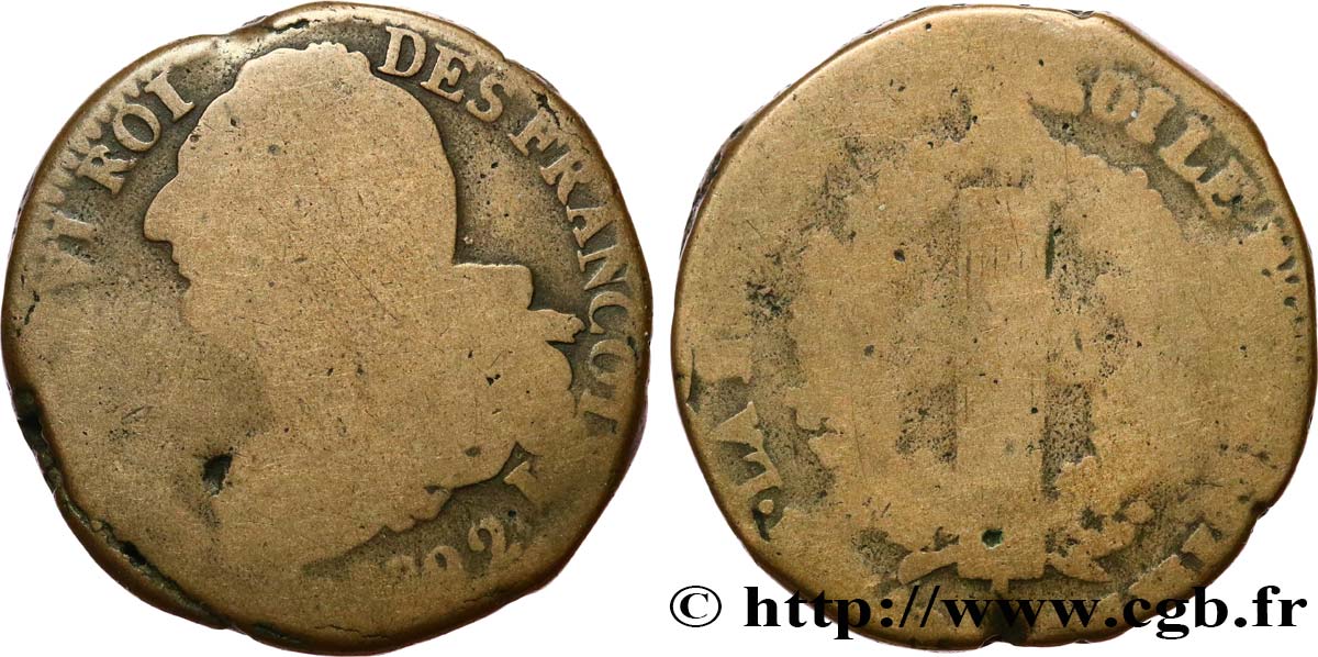 LOUIS XVI 2 sols dit  au faisceau , type FRANÇOIS 1792 Clermont-Ferrand fS