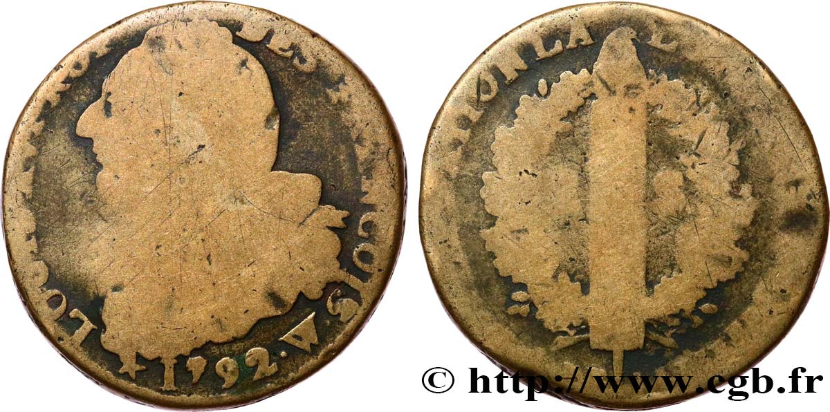 LOUIS XVI (MONARQUE CONSTITUTIONNEL)  2 sols dit  au faisceau , type FRANCOIS 1792 Lille B