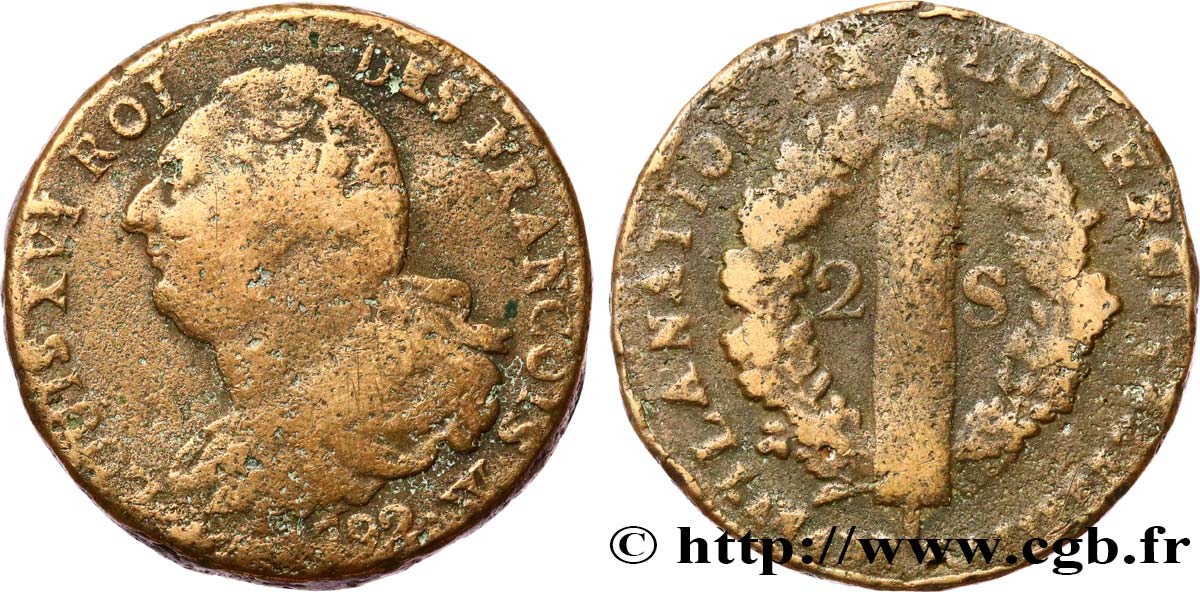LOUIS XVI (MONARQUE CONSTITUTIONNEL)  2 sols dit  au faisceau , type FRANCOIS 1792 Lille TB