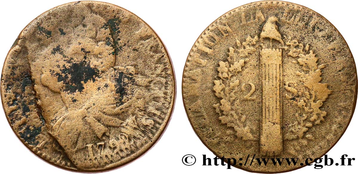 THE CONVENTION 2 sols dit &nbsp;au faisceau&nbsp;, type FRANÇOIS 1792 Arras VG/F