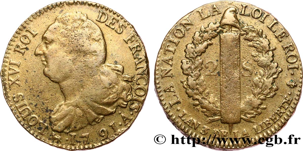 LOUIS XVI 2 sols dit  au faisceau , type FRANÇOIS 1791 Paris BB