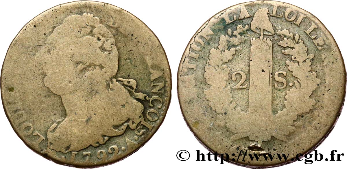 LOUIS XVI 2 sols dit  au faisceau , type FRANÇOIS 1792 Paris VG
