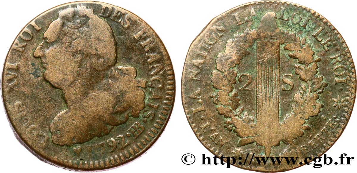 LOUIS XVI (MONARQUE CONSTITUTIONNEL)  2 sols dit &nbsp;au faisceau&nbsp;, type FRANÇAIS 1792 Strasbourg TB