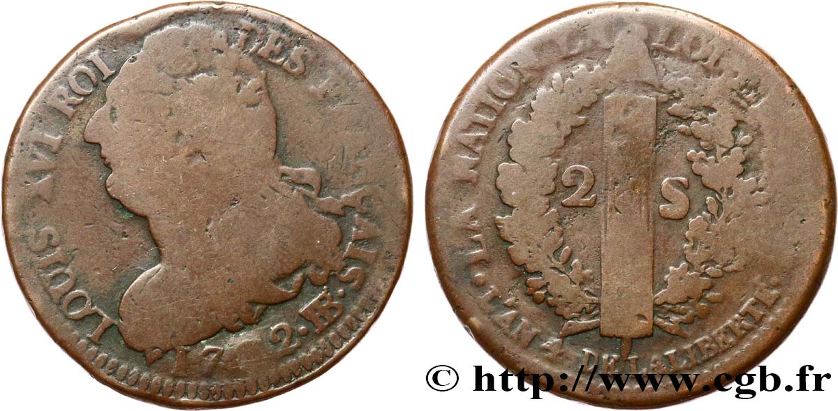 LOUIS XVI (MONARQUE CONSTITUTIONNEL)  2 sols dit  au faisceau , type FRANÇAIS 1792 Strasbourg B+