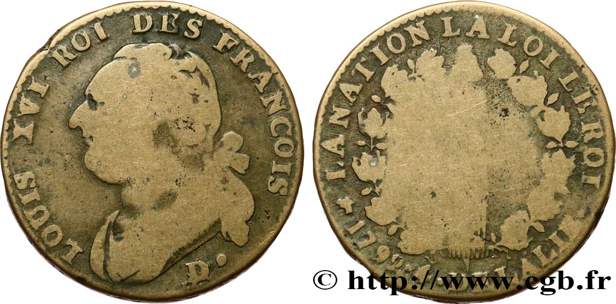 LOUIS XVI (MONARQUE CONSTITUTIONNEL)  12 deniers dit &nbsp;au faisceau&nbsp;, type FRANCOIS 1792 Lyon TB