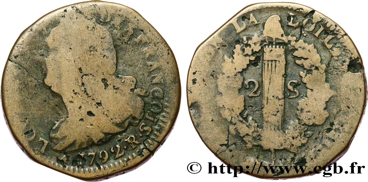 LOUIS XVI 2 sols dit  au faisceau , type FRANÇOIS 1792 Orléans RC+