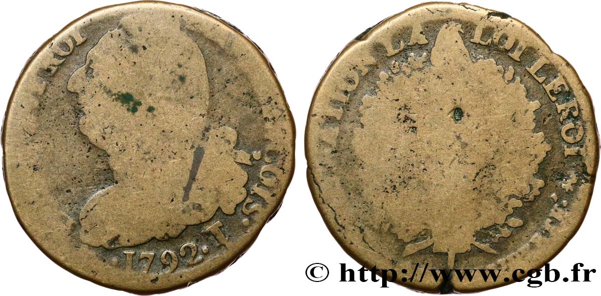 LOUIS XVI (MONARQUE CONSTITUTIONNEL)  2 sols dit  au faisceau , type FRANÇOIS 1792 Saumur B