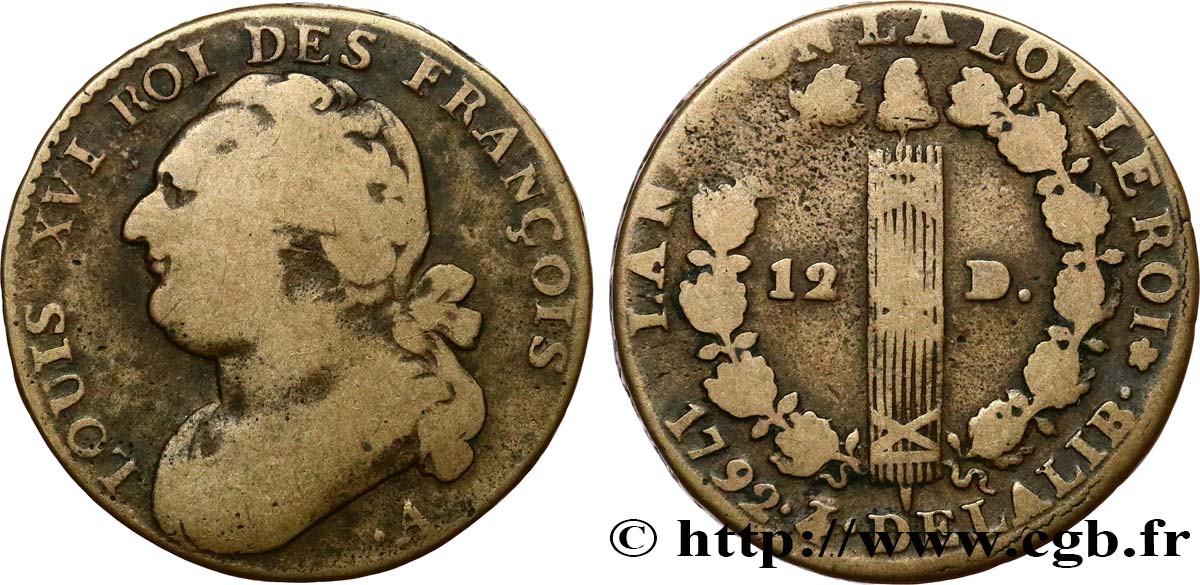 LOUIS XVI 12 deniers dit  au faisceau , type FRANÇOIS 1792 Paris VF