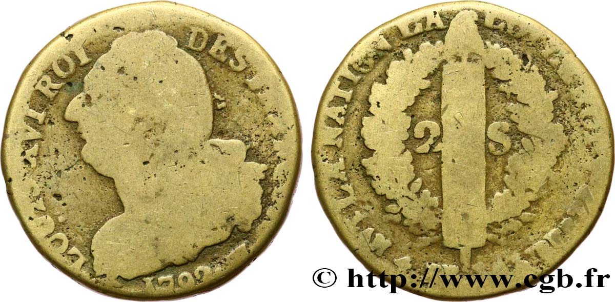 LOUIS XVI (MONARQUE CONSTITUTIONNEL)  2 sols dit  au faisceau , type FRANÇOIS 1792 Lille B+