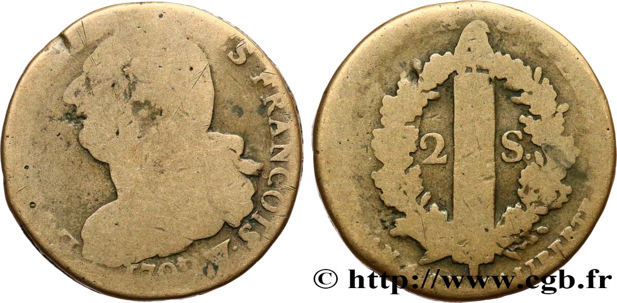 LOUIS XVI (MONARQUE CONSTITUTIONNEL)  2 sols dit  au faisceau , type FRANÇOIS 1792 Lille B