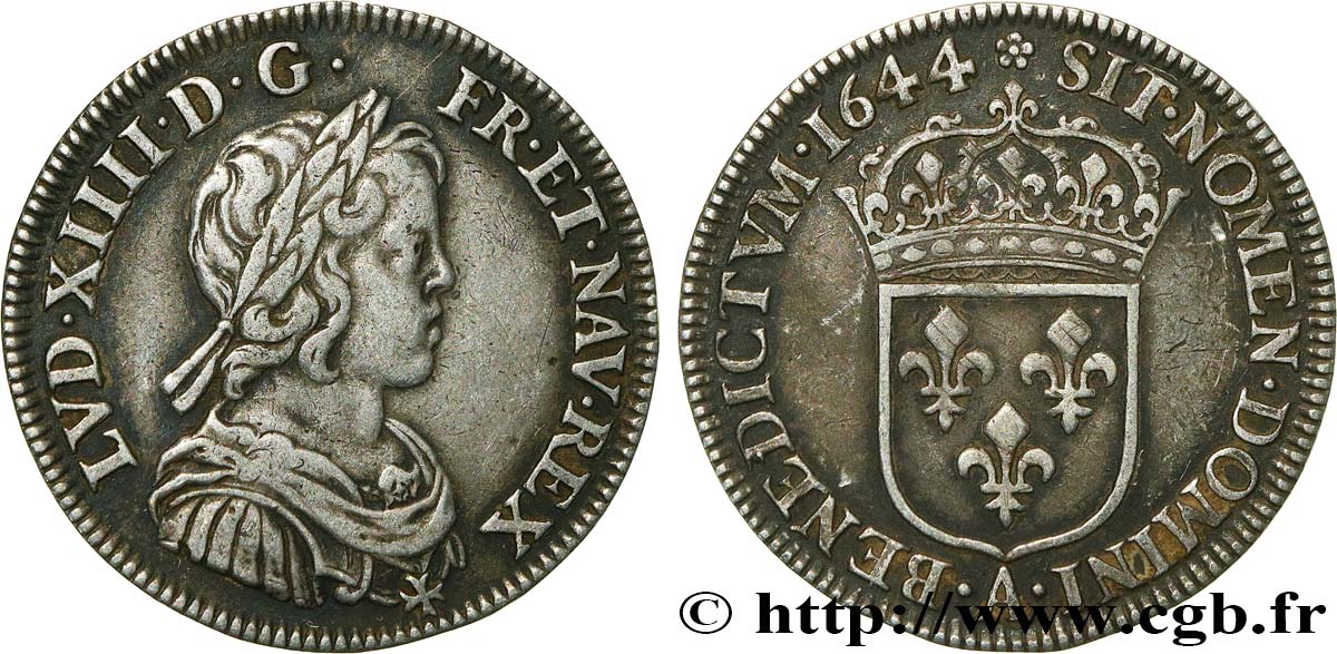 LOUIS XIV LE GRAND OU LE ROI SOLEIL Quart d écu, portrait à la mèche courte 1644 Paris, Monnaie de Matignon TTB