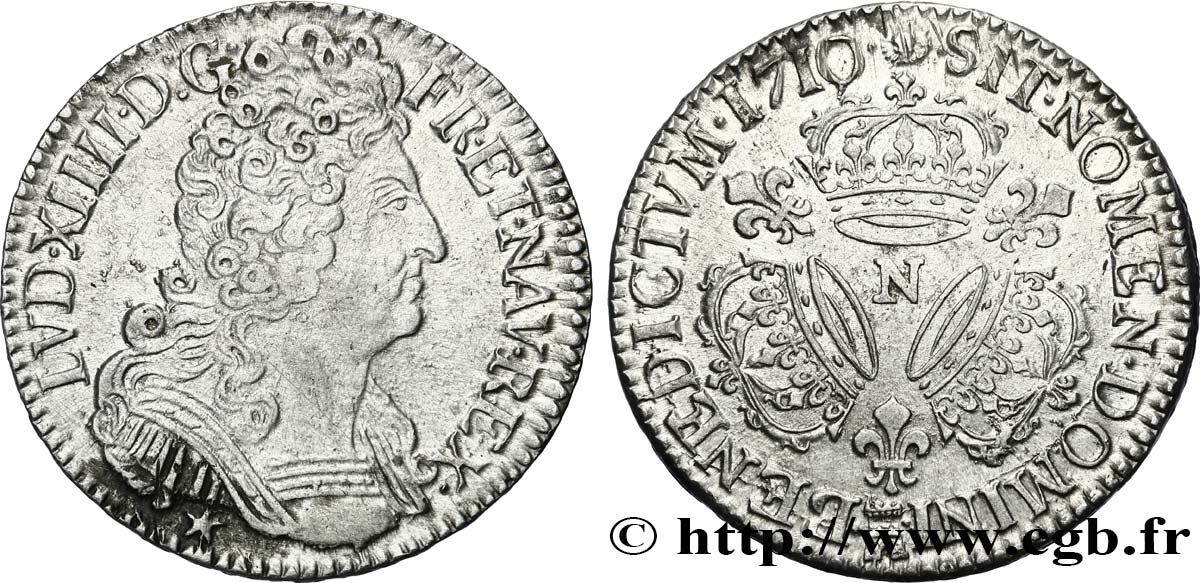 LOUIS XIV  THE SUN KING  Demi-écu aux trois couronnes 1710 Montpellier q.SPL