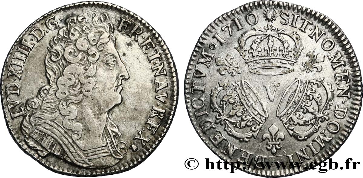 LOUIS XIV  THE SUN KING  Quart d écu aux trois couronnes 1710 Troyes XF