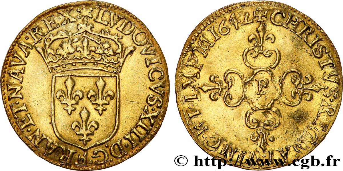LOUIS XIII LE JUSTE Écu d or au soleil, à la croix anillée fleurdelisée 1642 Rouen TTB+/TTB