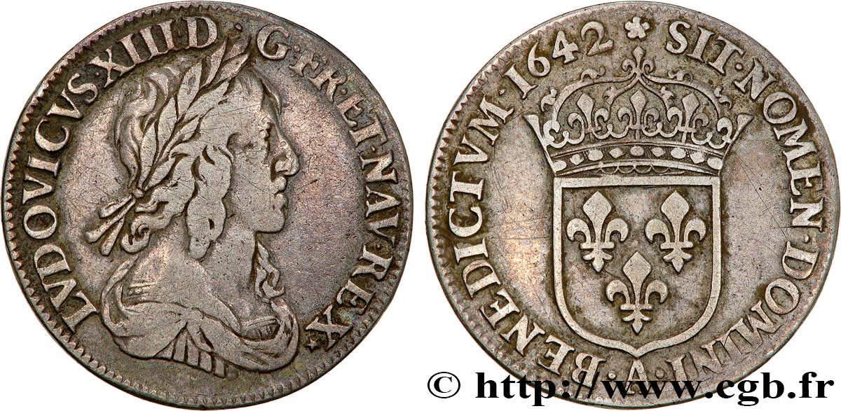 LOUIS XIII LE JUSTE Quart d écu, buste drapé et cuirassé (2e buste de Jean Warin) 1642 Paris, Monnaie de Matignon TB+/TTB