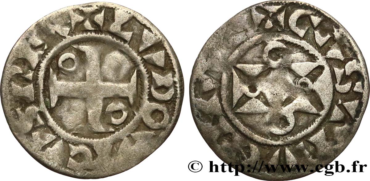 LOUIS VII  THE YOUNG  Denier, 1er type n.d. Mantes XF
