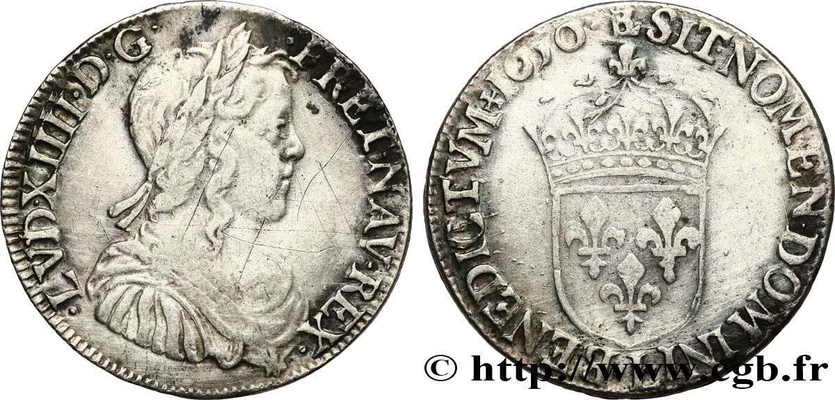 LOUIS XIV LE GRAND OU LE ROI SOLEIL Demi-écu, portrait à la mèche longue 1650 Bayonne TB+