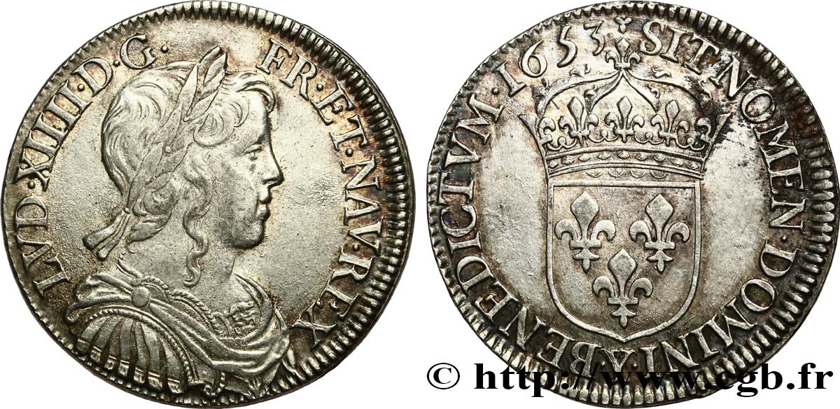LOUIS XIV LE GRAND OU LE ROI SOLEIL Demi-écu, portrait à la mèche longue 1653 Bourges TTB+