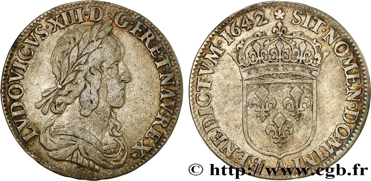 LOUIS XIII  Quart d écu, buste drapé et cuirassé (2e buste de Jean Warin) 1642 Paris, Monnaie de Matignon BC+/MBC