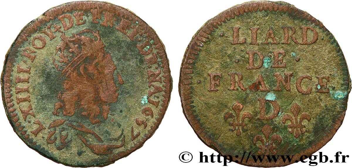 LOUIS XIV  THE SUN KING  Liard de cuivre, 2e type 1657 Vimy-en-Lyonnais (actuellement Neuville-sur-Saône) MB