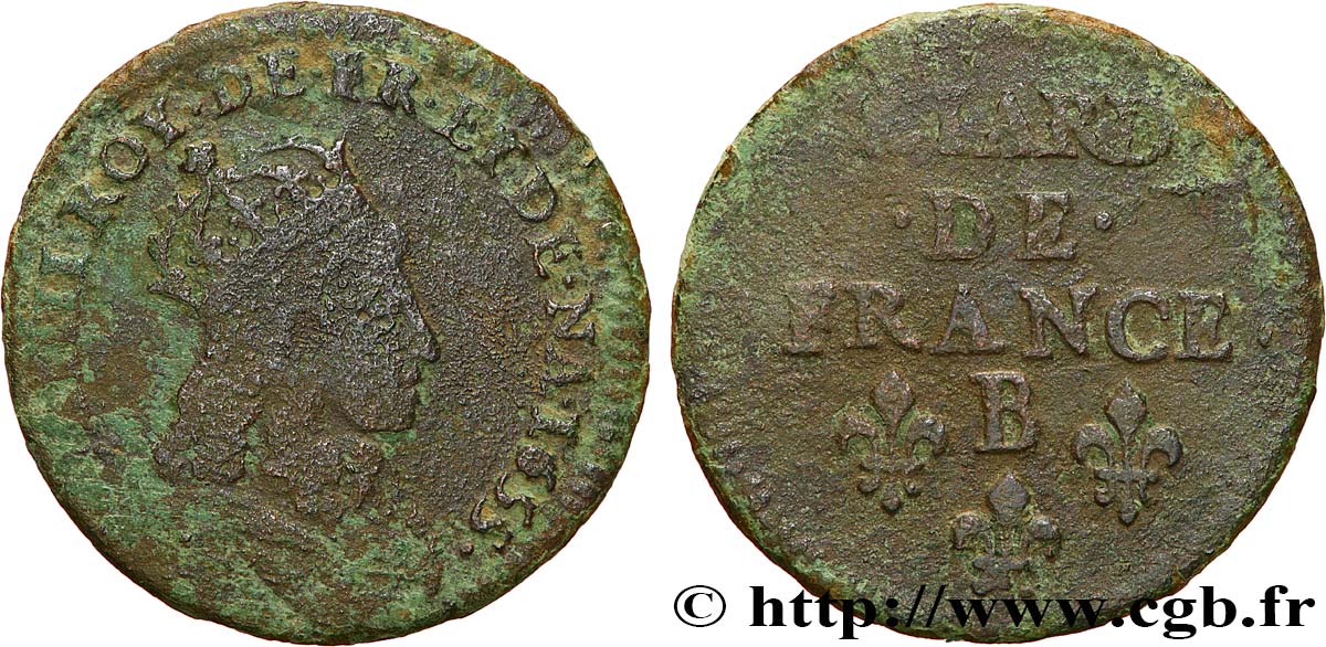 LOUIS XIV LE GRAND OU LE ROI SOLEIL Liard de cuivre, 2e type 1655 Pont-de-l’Arche B+