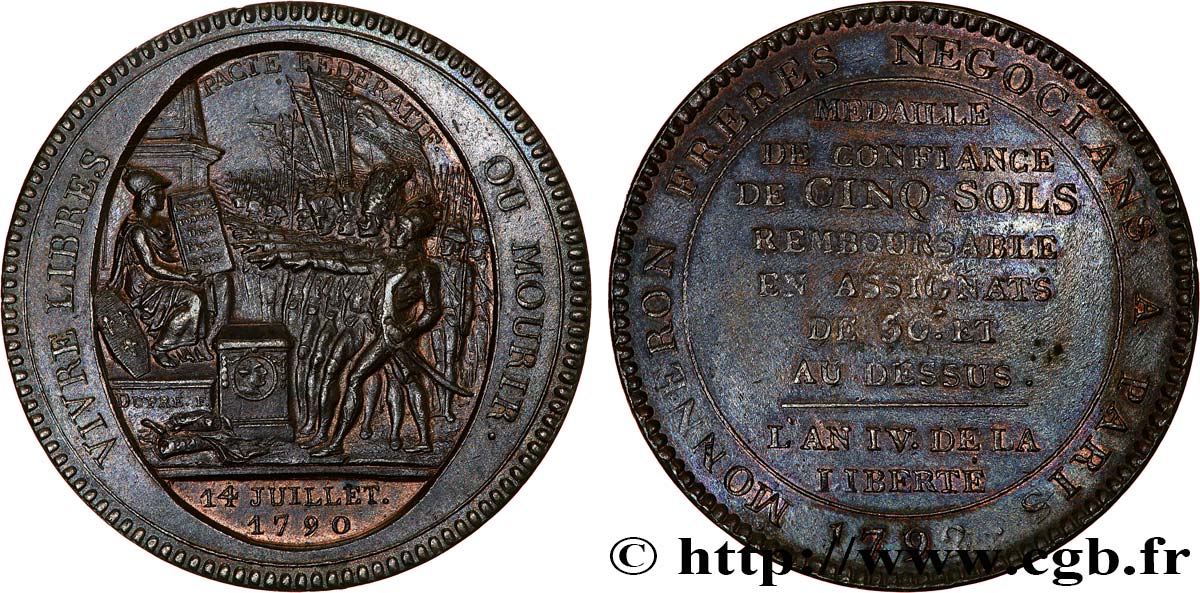 CONFIANCE (MONNAIES DE...) Monneron de 5 sols au serment (An IV), 3e type 1792 Birmingham, Soho SUP