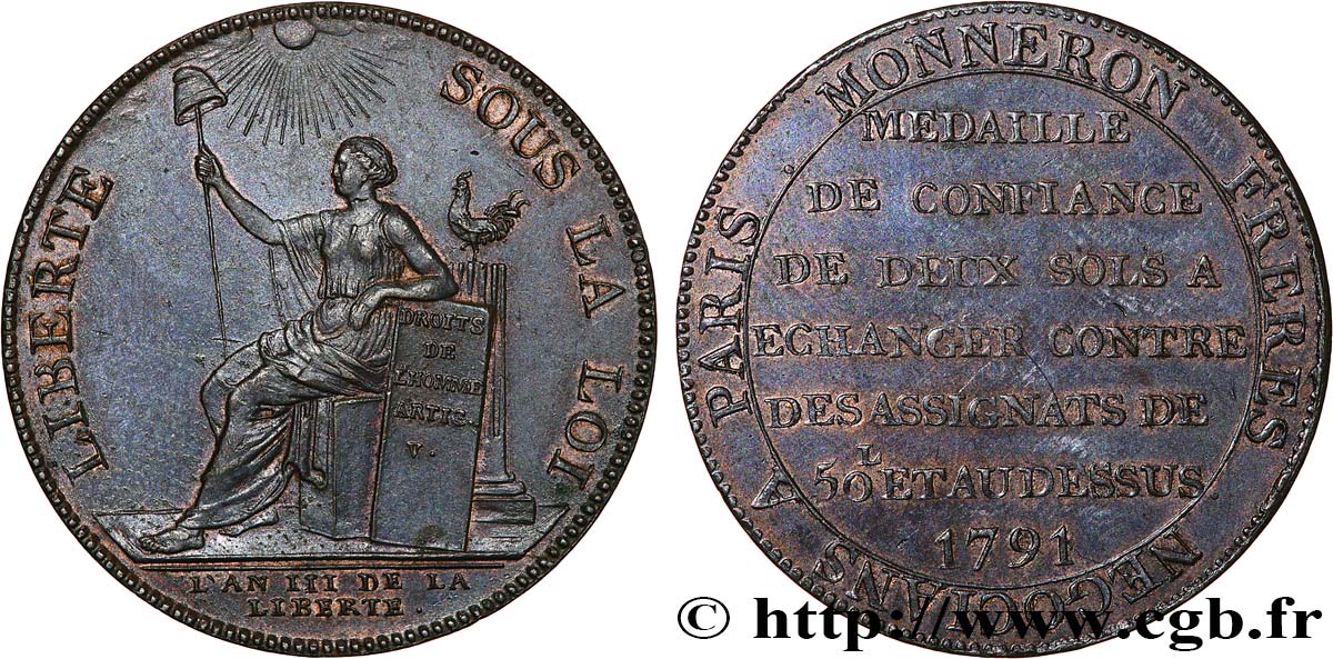 REVOLUTION COINAGE / CONFIANCE (MONNAIES DE…) Monneron de 2 sols à la Liberté 1792 Birmingham, Soho AU