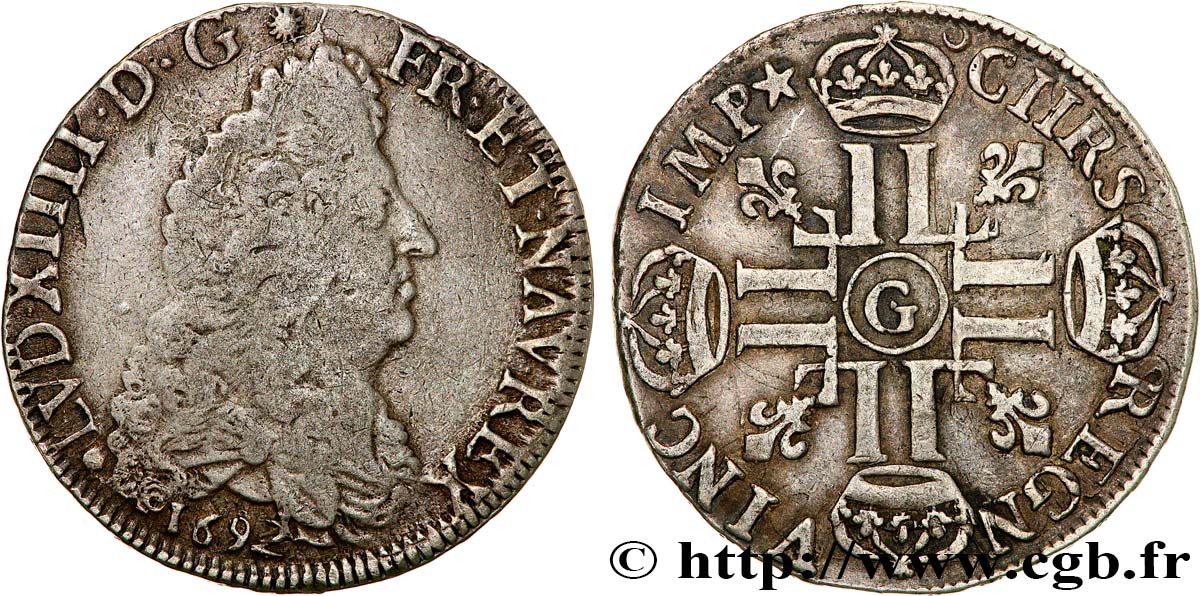 LOUIS XIV  THE SUN KING  Demi-écu aux huit L, 1er type 1692 Poitiers, étoile après IMP VF/XF