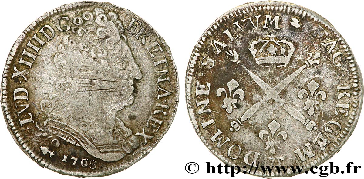 LOUIS XIV  THE SUN KING  20 sols aux insignes 1708 Besançon BC+