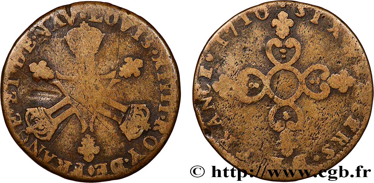 LOUIS XIV LE GRAND OU LE ROI SOLEIL Six deniers dits  Dardenne  1710 Aix-en-Provence TB