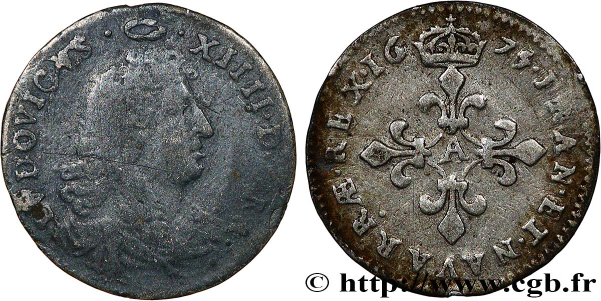 LOUIS XIV LE GRAND OU LE ROI SOLEIL Quatre sols à la croix formée de lis 1675 Paris TB/TTB