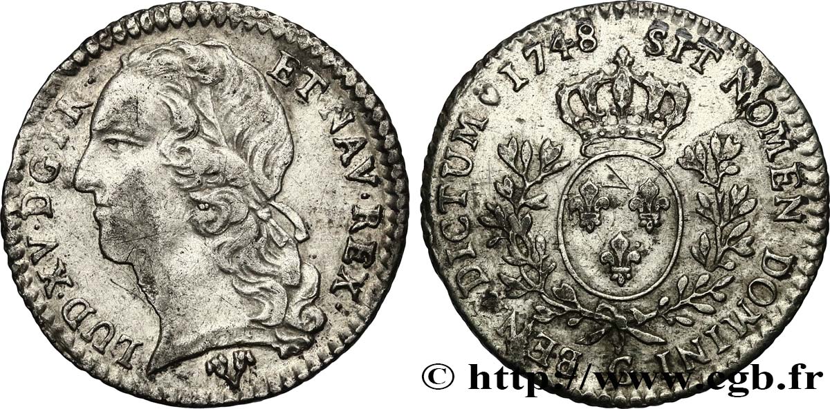 LOUIS XV &nbsp;THE WELL-BELOVED&nbsp; Dixième d&nbsp;écu aux branches d’olivier, tête ceinte d’un bandeau 1748 Poitiers XF