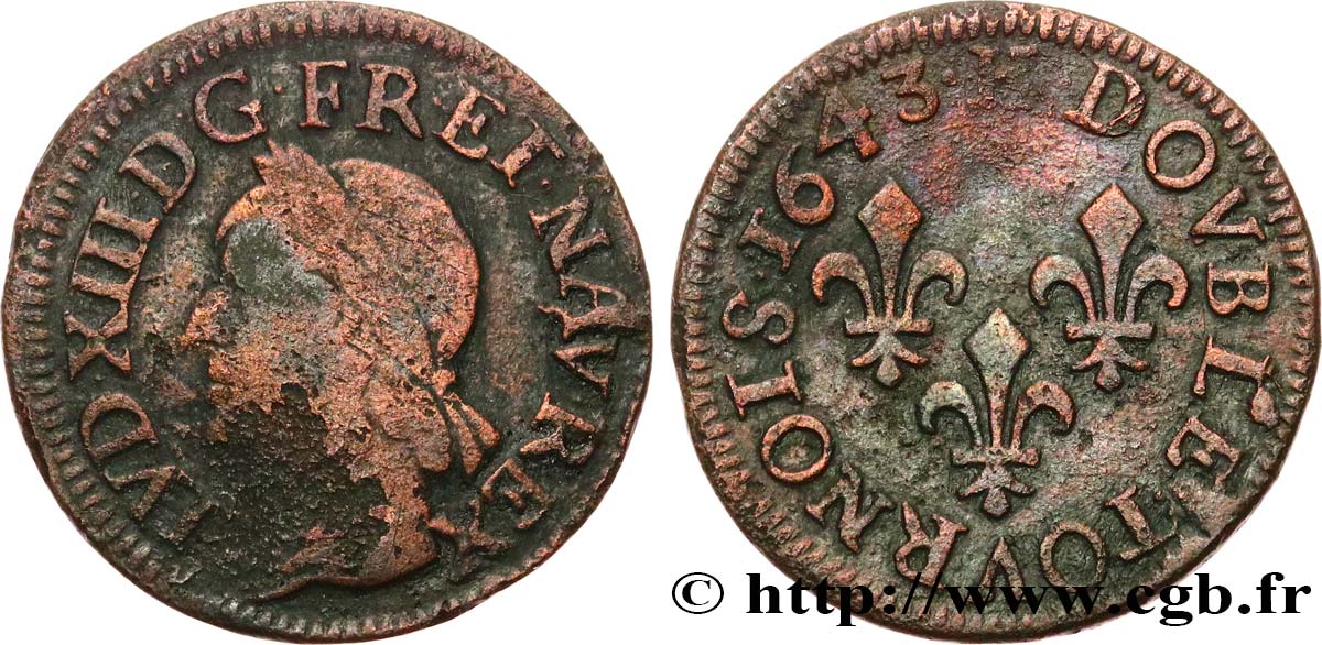 LOUIS XIII LE JUSTE Double tournois, type de Warin 1643 La Rochelle TB+