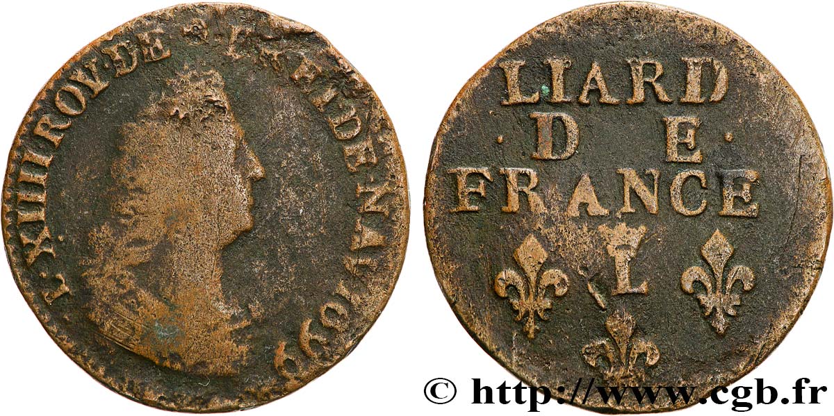 LOUIS XIV LE GRAND OU LE ROI SOLEIL Liard, 3e type, buste âgé 1699 Lille TB