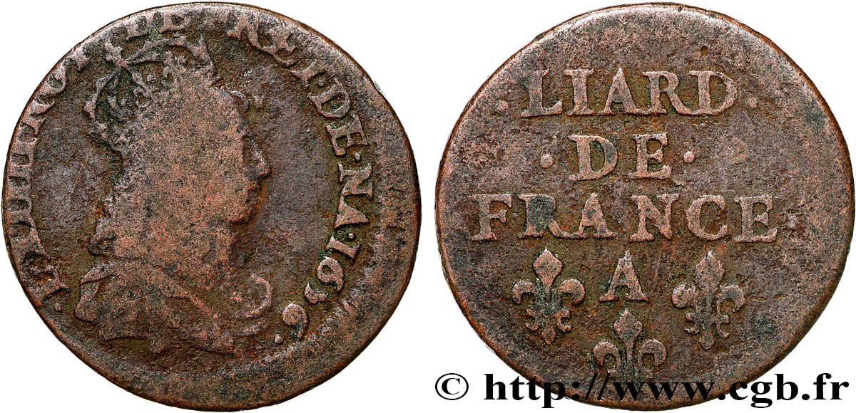 LOUIS XIV  THE SUN KING  Liard de cuivre, 2e type 1656 Corbeil MB
