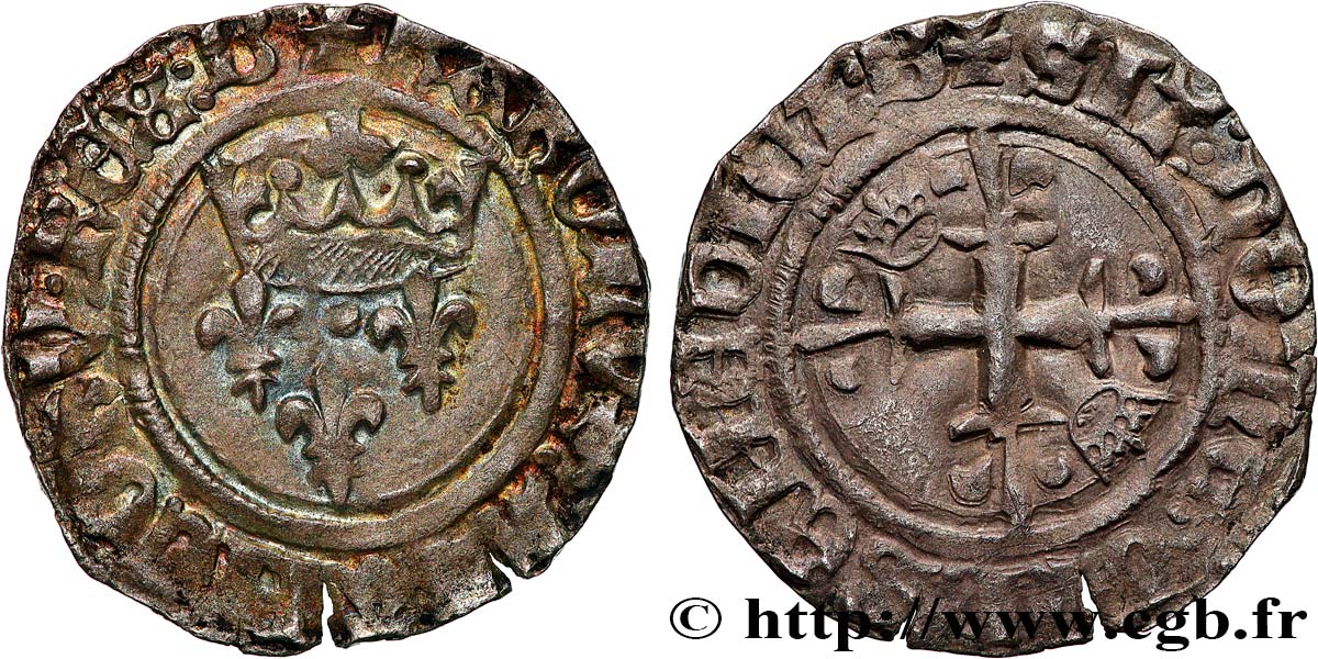 HEIR APPARENT, CHARLES, REGENCY - COINAGE IN THE NAME OF CHARLES VI Gros dit  florette  n.d. Bourges XF