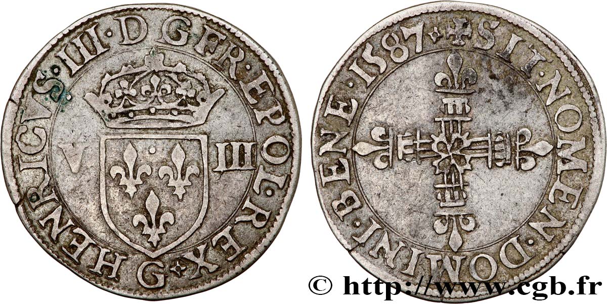 HENRY III Huitième d écu, écu de face 1587 Poitiers BB