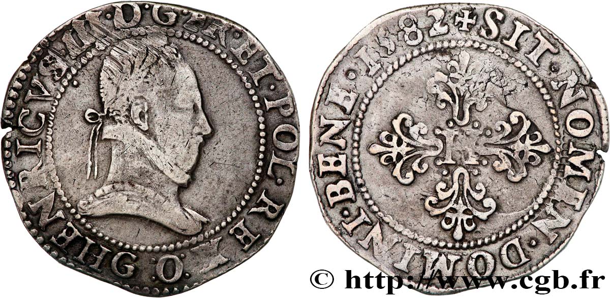HENRY III Franc au col plat 1582 Poitiers XF