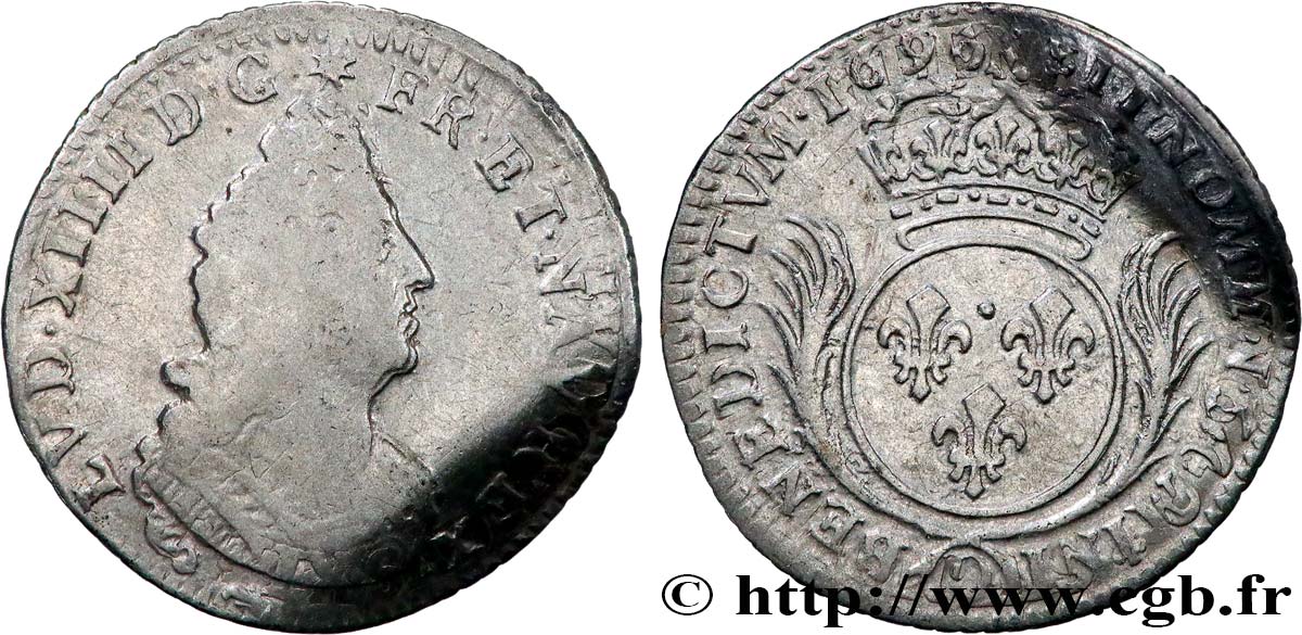 LOUIS XIV  THE SUN KING  Douzième d écu aux palmes 1696 Lyon VF