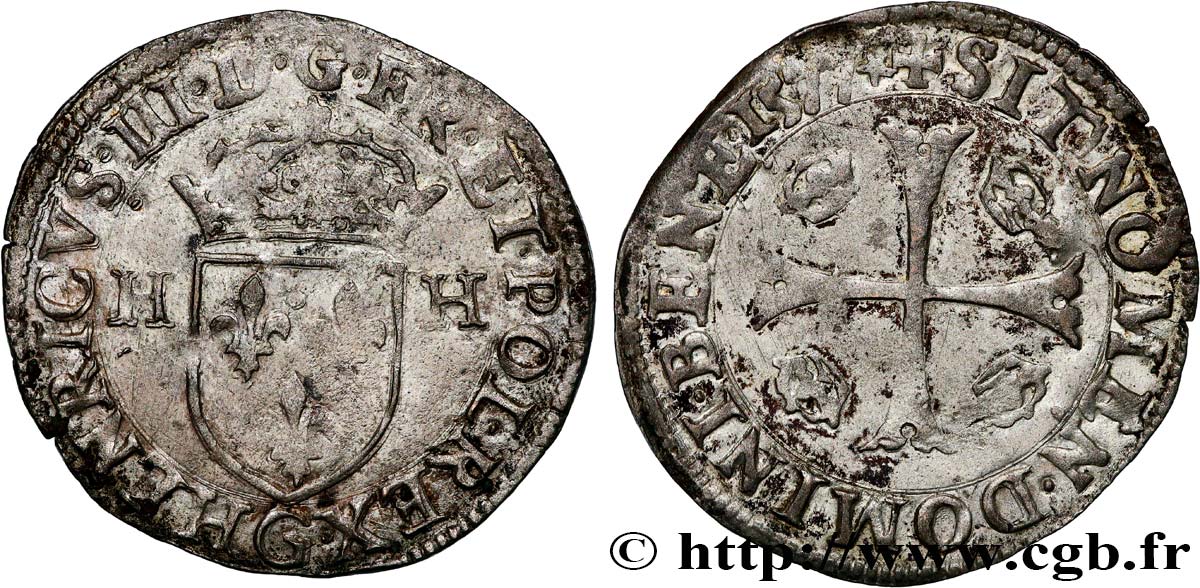 HENRY III Douzain aux deux H, 1er type 1577 Poitiers SS