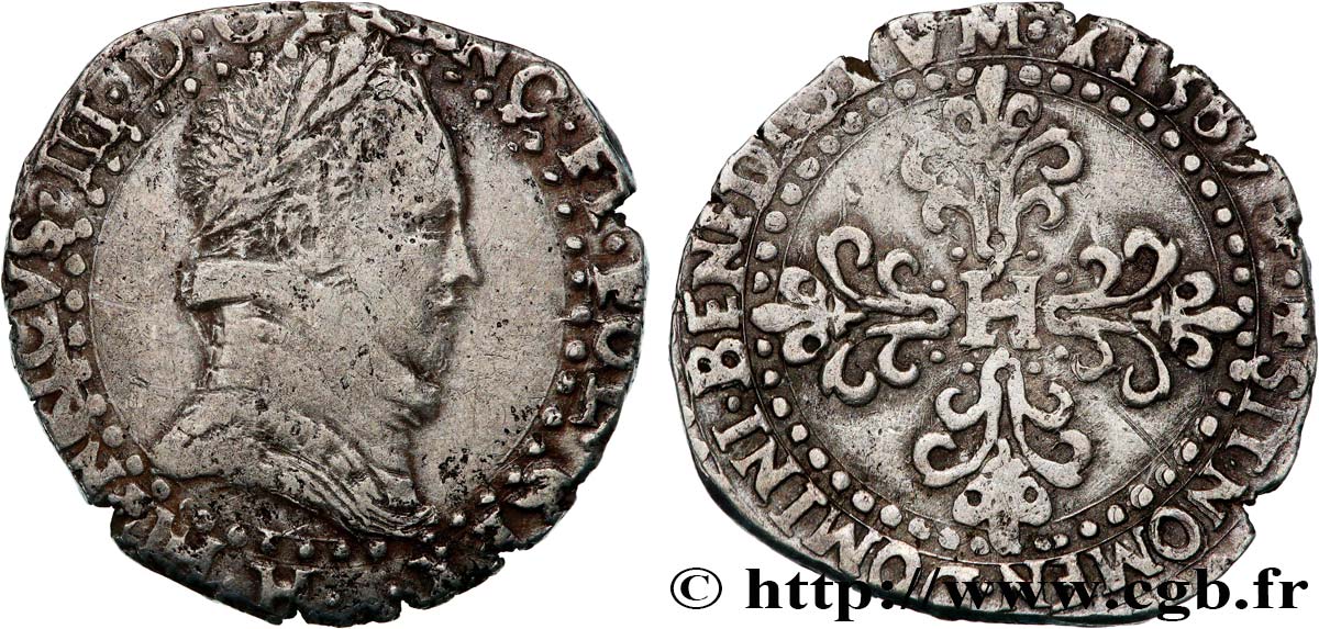 HENRI III Quart de franc au col plat 1587 La Rochelle TB+/TTB