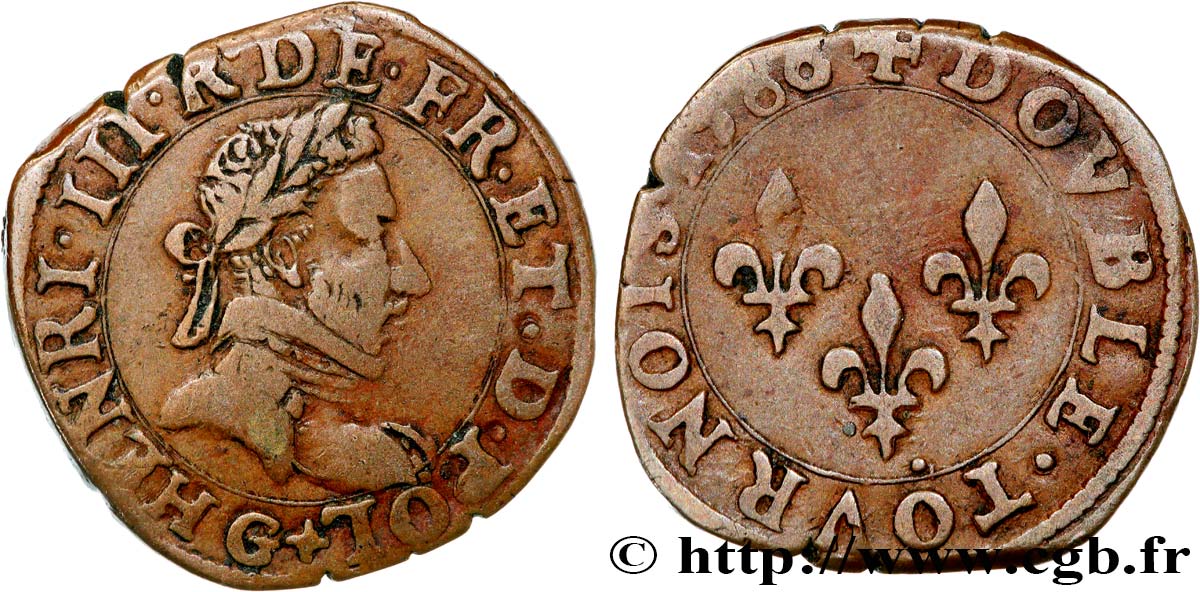 HENRI III Double tournois, type de Poitiers 1586 Poitiers TB+/TTB