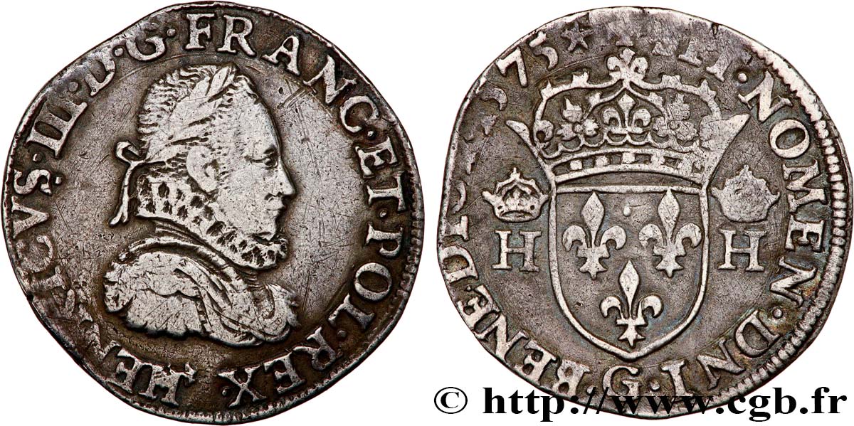 HENRI III Teston 3e type, col fraisé 1575 Poitiers TTB