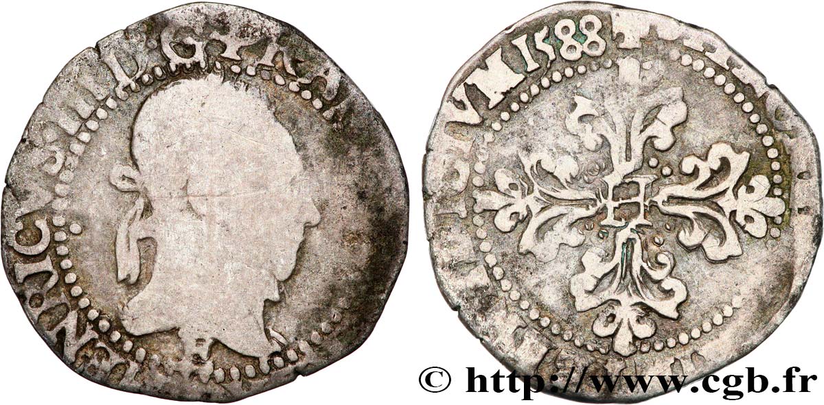 HENRI III Quart de franc au col plat 1588 Tours B/TB