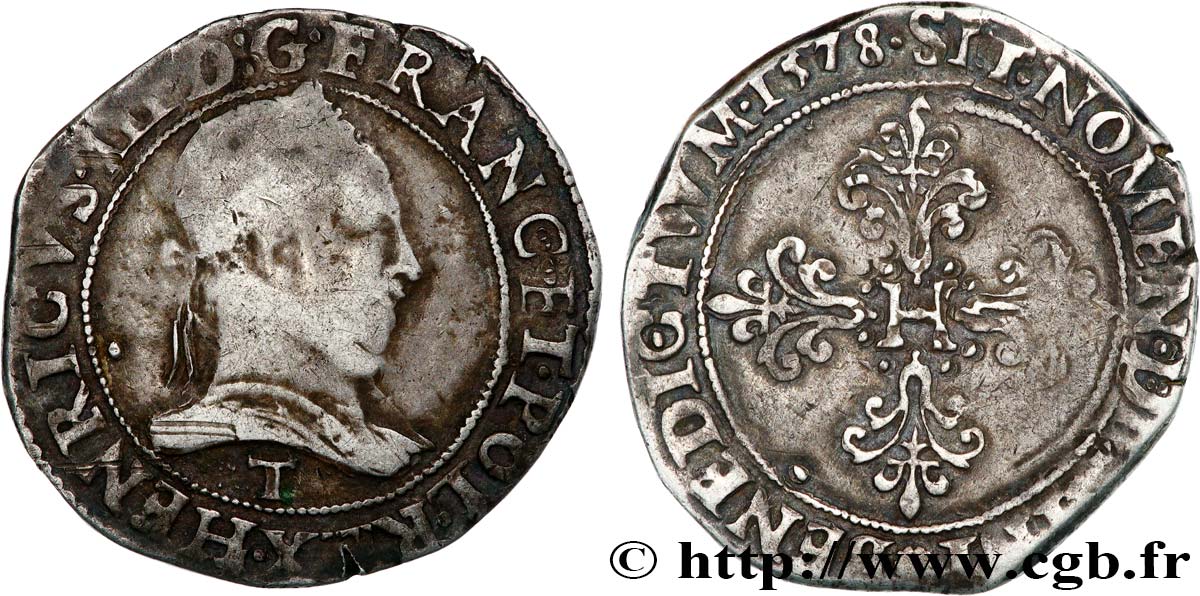 HENRI III Franc au col plat 1578 Nantes TB+