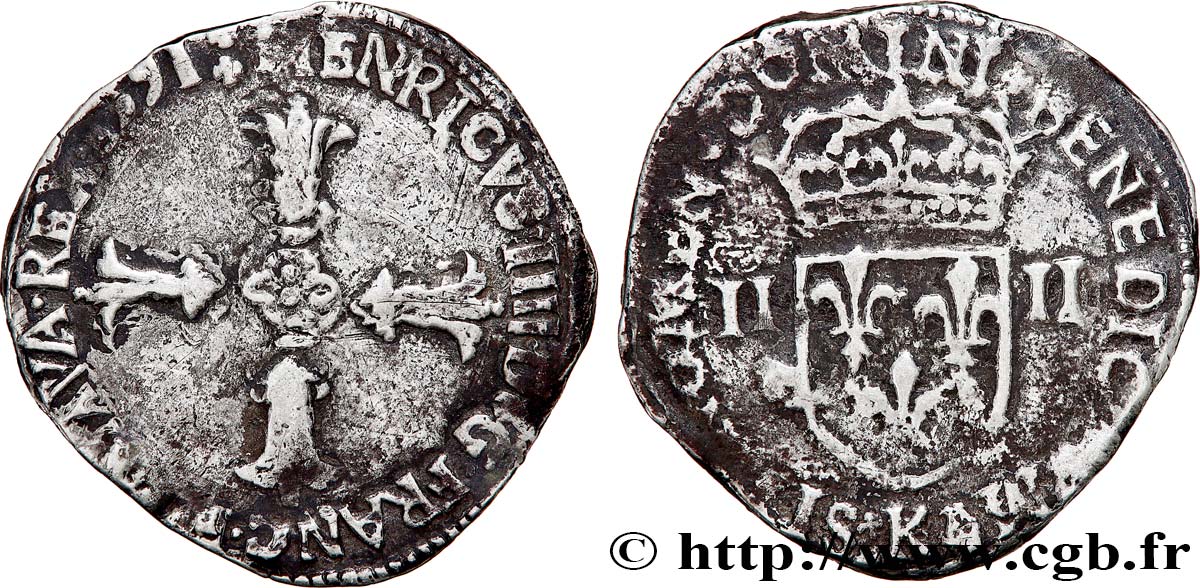 HENRI IV LE GRAND Quart d&nbsp;écu, croix feuillue de face 1591 Bordeaux TB+
