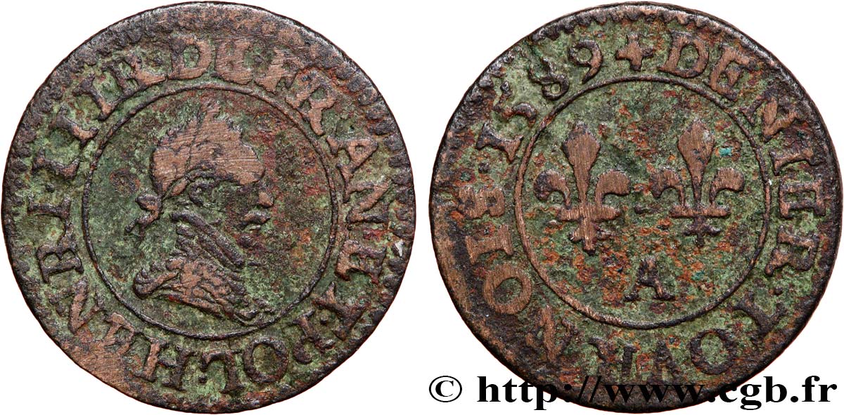 HENRI III Denier tournois, 2e type de Paris 1589 Paris, Moulin des Étuves TB+