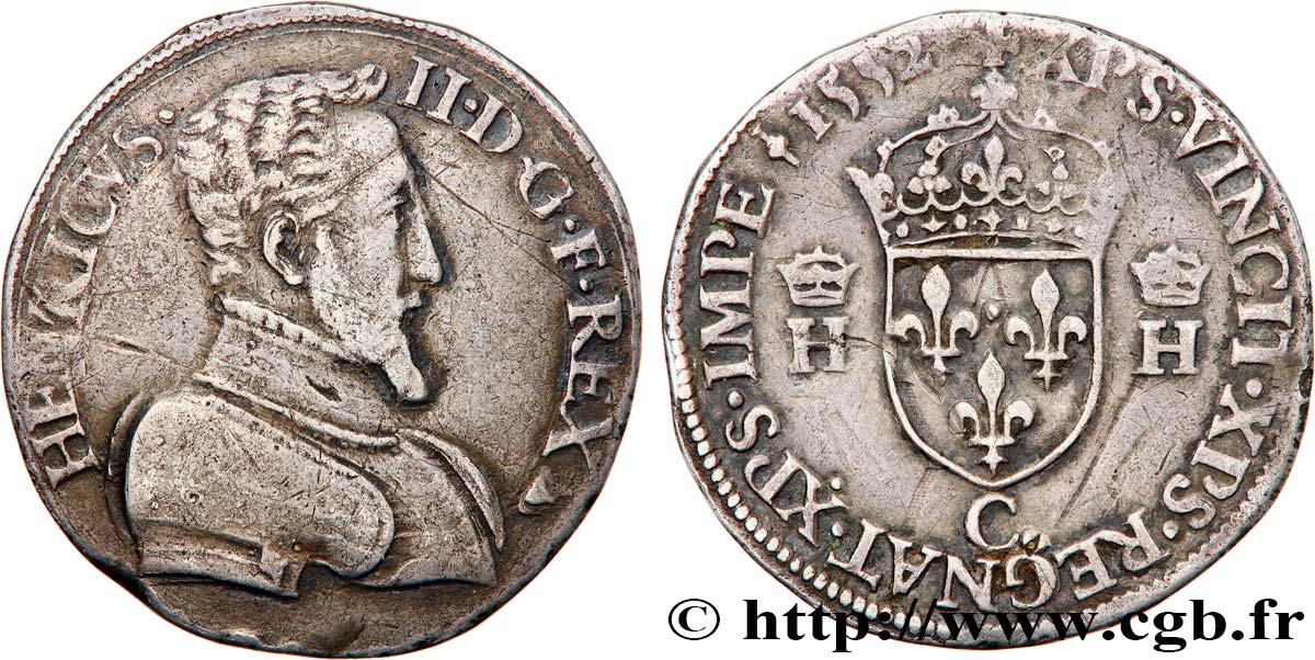 HENRI II Teston à la tête nue, 1er type 1552 Saint-Lô TTB/TTB+